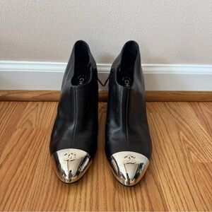 Vintage Chanel Black Leather Heeled Ankle Boots with CC Logo Silver Cap Toe